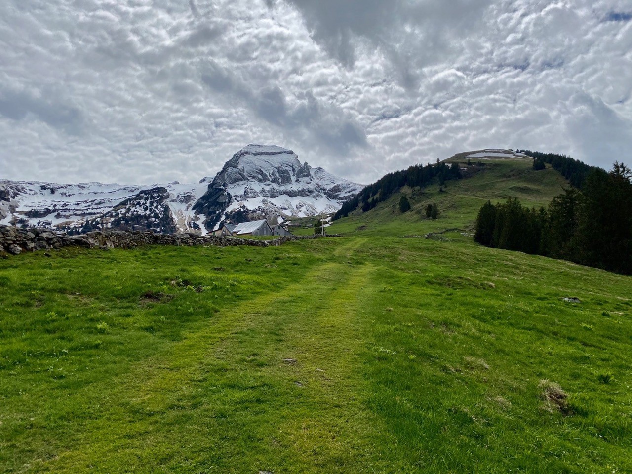 Den noch verschneiten Margelchopf und das Ziel, die Gamperney-Hütte, vor Augen